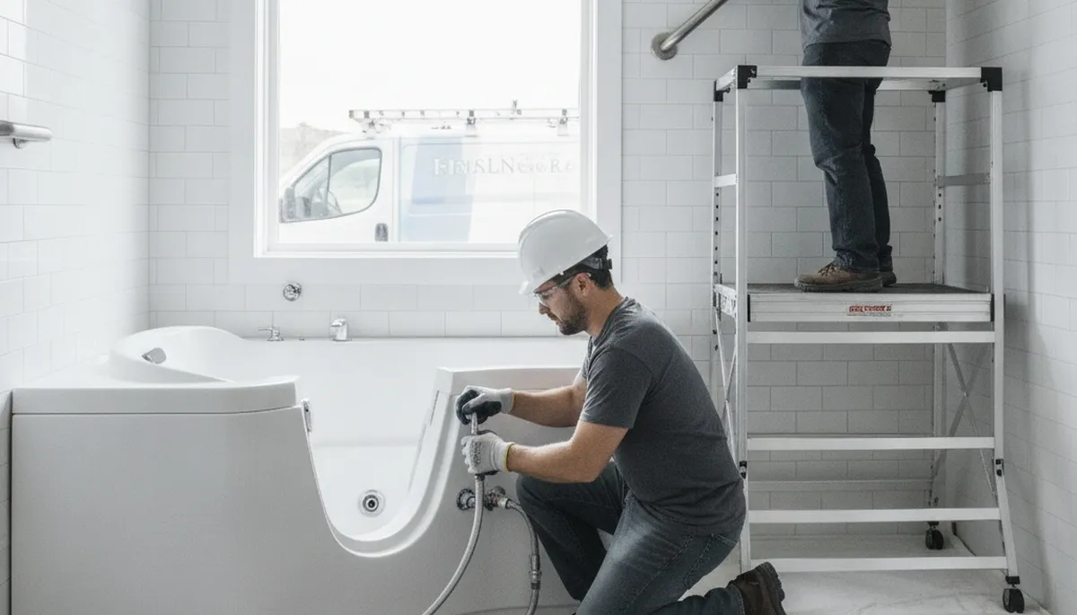 Orlando, FL plumber installing walk-in tub for safer, comfortable bathing in a homeowner bathroom